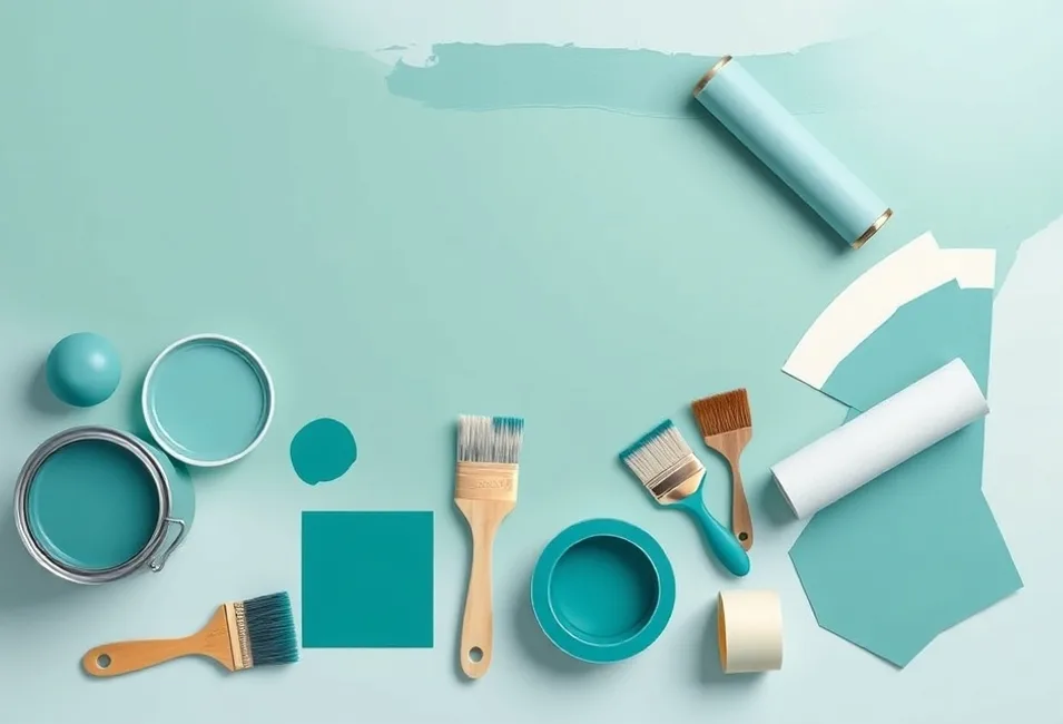 Pots de peinture, nuancier, brosses et rouleaux disposés à plat