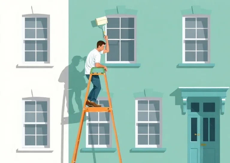 Peintre sur échafaudage traitant la façade d'une maison