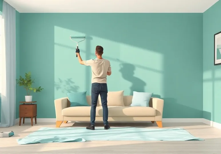 Peintre appliquant la peinture au rouleau sur un mur de salon